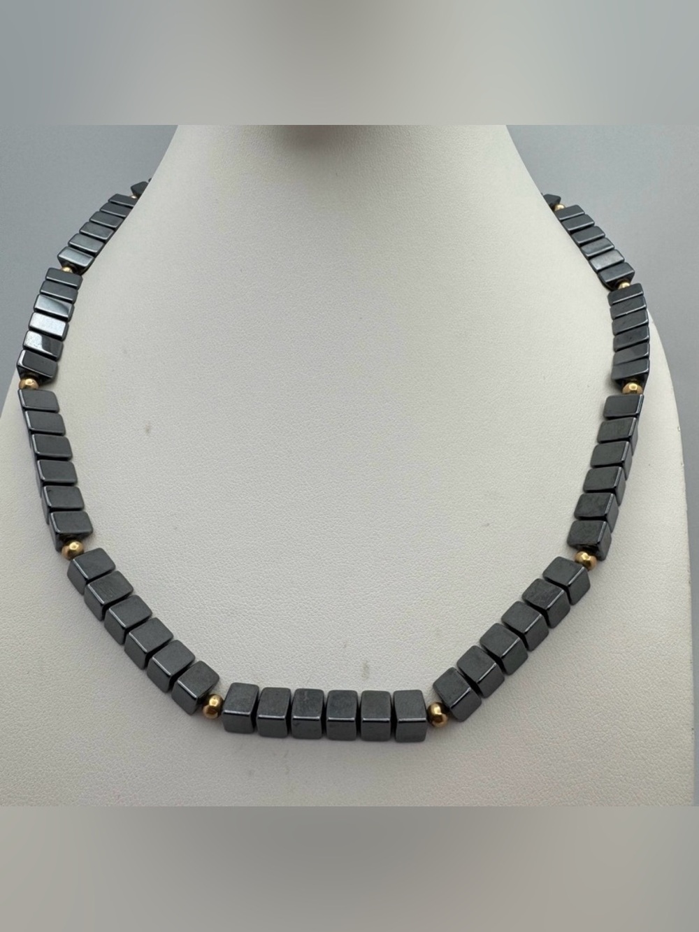 Hematite Triangle Bead Necklace 14K Gold Filled Clasp Minimalist